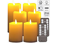 Britesta 6er-Set flackernde LED-Kerzen, dimmbar, 3 Größen, Fernbedienung, IP44; LED-Echtwachskerzen mit beweglichen Flammen 